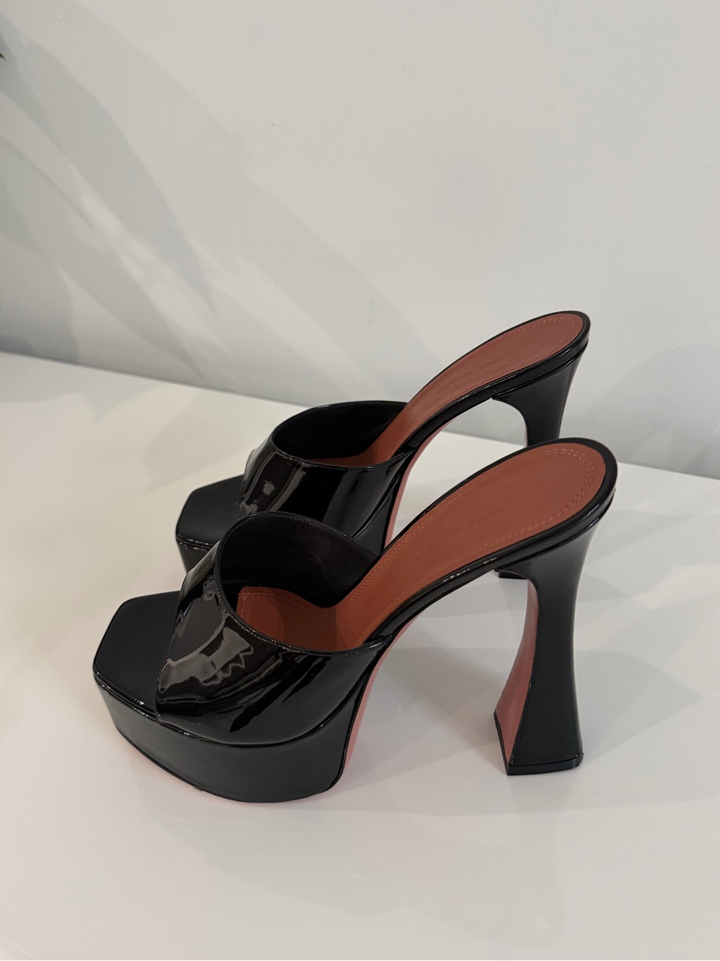 Amina Muaddi Black Patent Platform Mule Heels